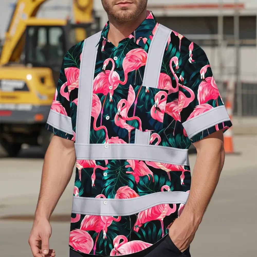 Hi Vis Hawaiian Shirt Reflective Tapes Hawaii Flamingo Custom Name Safety Workwear For Workers, Truckers, Operators