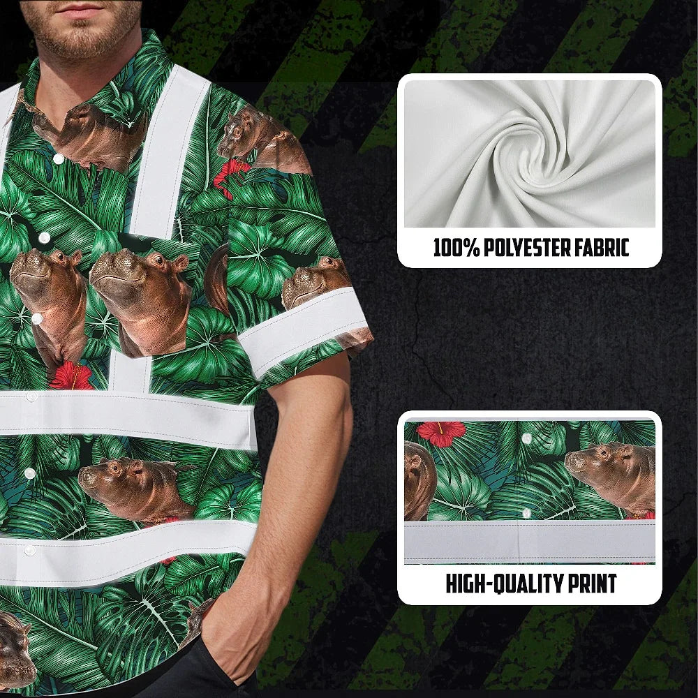 Hi Vis Hawaiian Shirt Reflective Tapes Hippo Flowers Custom Name Safety Workwear For Workers, Truckers, Operators