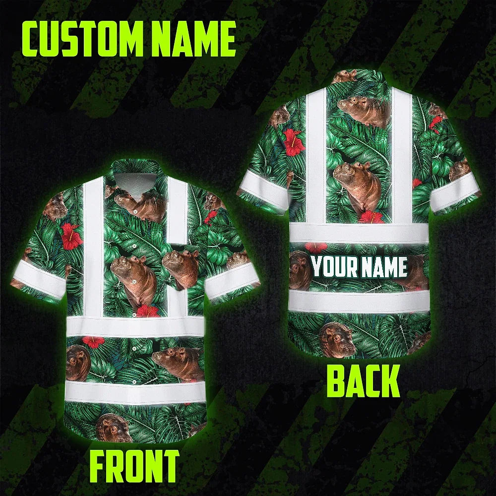 Hi Vis Hawaiian Shirt Reflective Tapes Hippo Flowers Custom Name Safety Workwear For Workers, Truckers, Operators