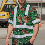 Hi Vis Hawaiian Shirt Reflective Tapes Hippo Flowers Custom Name Safety Workwear For Workers, Truckers, Operators