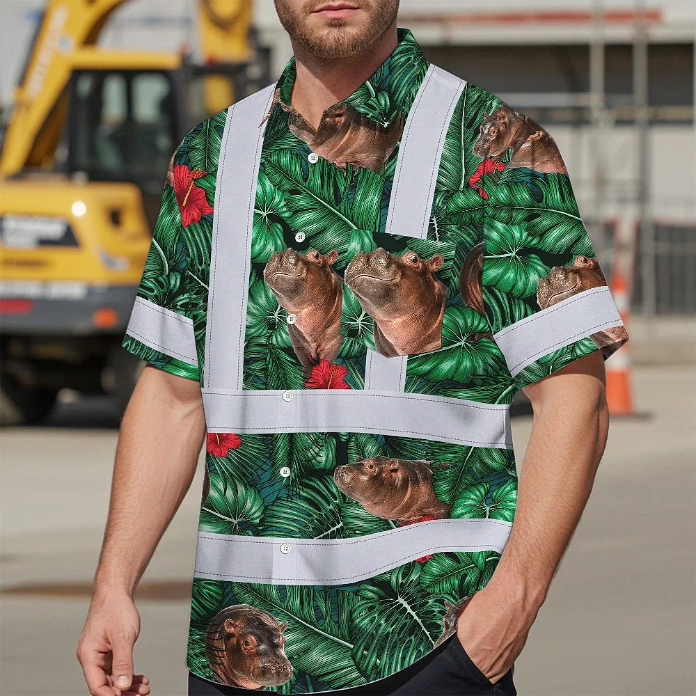 Hi Vis Hawaiian Shirt Reflective Tapes Hippo Flowers Custom Name Safety Workwear For Workers, Truckers, Operators