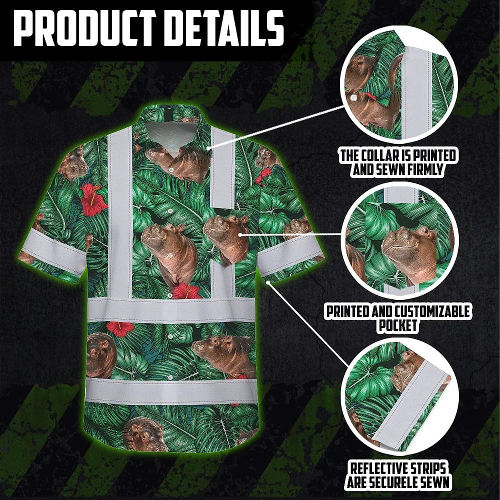 Hi Vis Hawaiian Shirt Reflective Tapes Hippo Flowers Custom Name Safety Workwear For Workers, Truckers, Operators