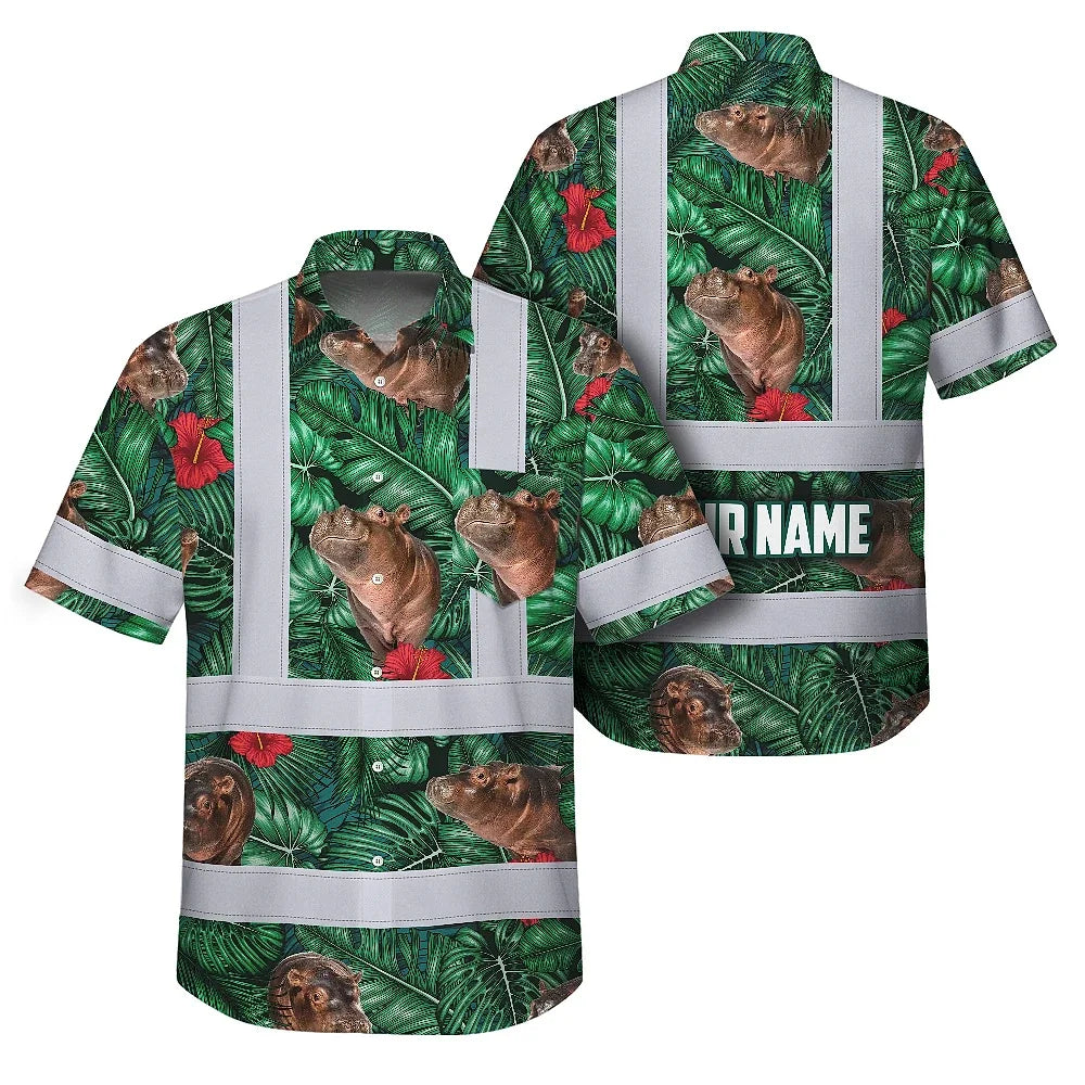 Hi Vis Hawaiian Shirt Reflective Tapes Hippo Flowers Custom Name Safety Workwear For Workers, Truckers, Operators