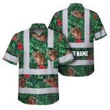 Hi Vis Hawaiian Shirt Reflective Tapes Hippo Flowers Custom Name Safety Workwear For Workers, Truckers, Operators