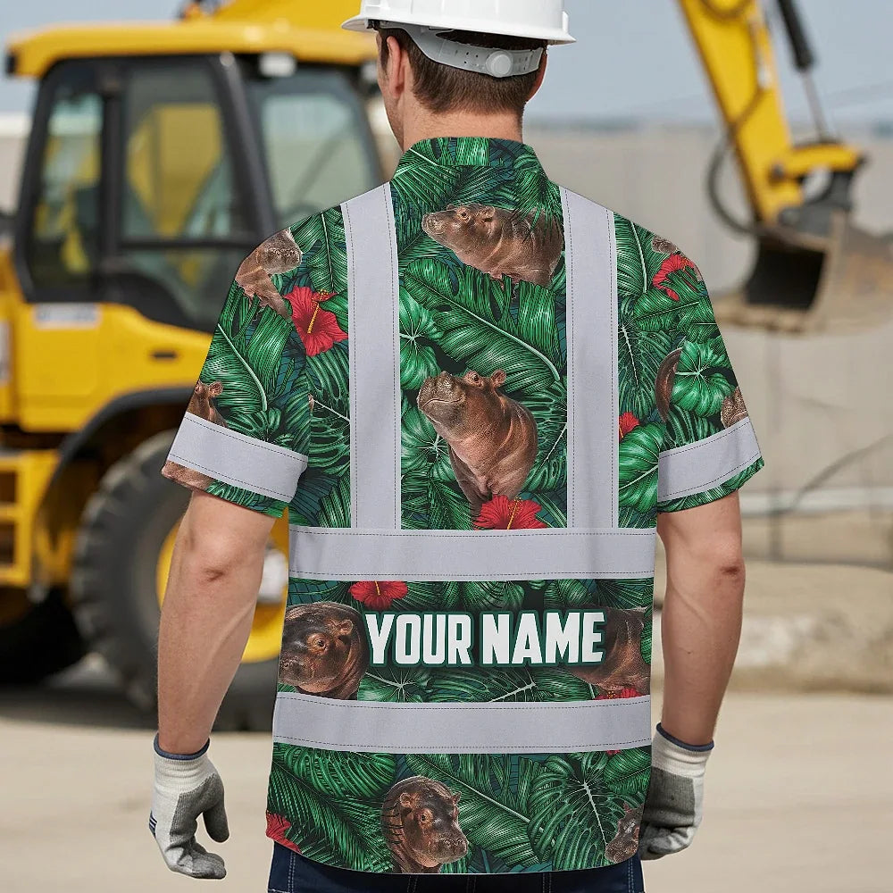 Hi Vis Hawaiian Shirt Reflective Tapes Hippo Flowers Custom Name Safety Workwear For Workers, Truckers, Operators