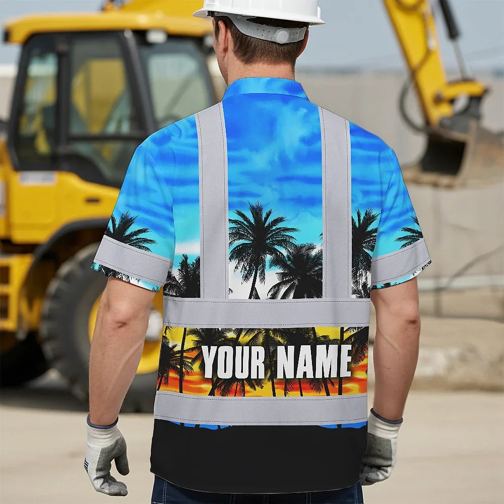 Hi Vis Hawaiian Shirt Reflective Tapes Light Blue Coconut Tree Custom Name Safety Workwear For Workers, Truckers, Operators