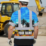 Hi Vis Hawaiian Shirt Reflective Tapes Light Blue Coconut Tree Custom Name Safety Workwear For Workers, Truckers, Operators