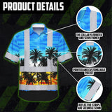 Hi Vis Hawaiian Shirt Reflective Tapes Light Blue Coconut Tree Custom Name Safety Workwear For Workers, Truckers, Operators