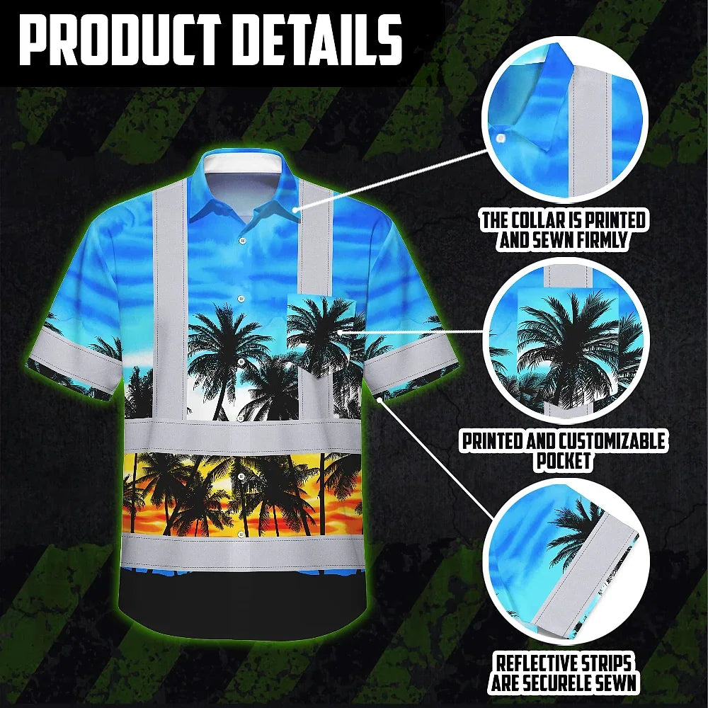 Hi Vis Hawaiian Shirt Reflective Tapes Light Blue Coconut Tree Custom Name Safety Workwear For Workers, Truckers, Operators