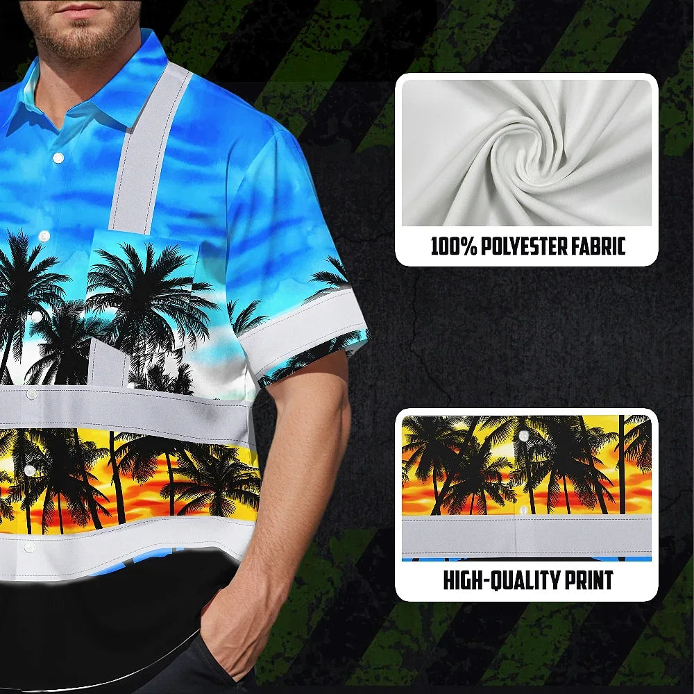 Hi Vis Hawaiian Shirt Reflective Tapes Light Blue Coconut Tree Custom Name Safety Workwear For Workers, Truckers, Operators