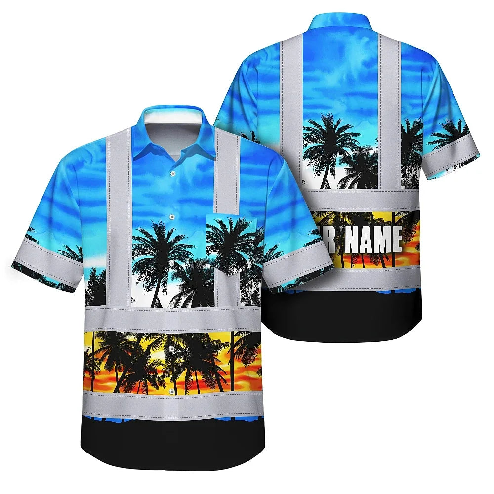 Hi Vis Hawaiian Shirt Reflective Tapes Light Blue Coconut Tree Custom Name Safety Workwear For Workers, Truckers, Operators