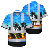 Hi Vis Hawaiian Shirt Reflective Tapes Light Blue Coconut Tree Custom Name Safety Workwear For Workers, Truckers, Operators