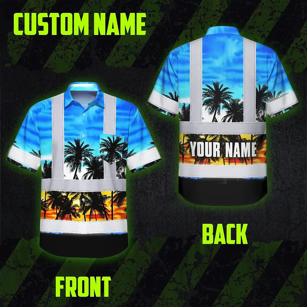 Hi Vis Hawaiian Shirt Reflective Tapes Light Blue Coconut Tree Custom Name Safety Workwear For Workers, Truckers, Operators