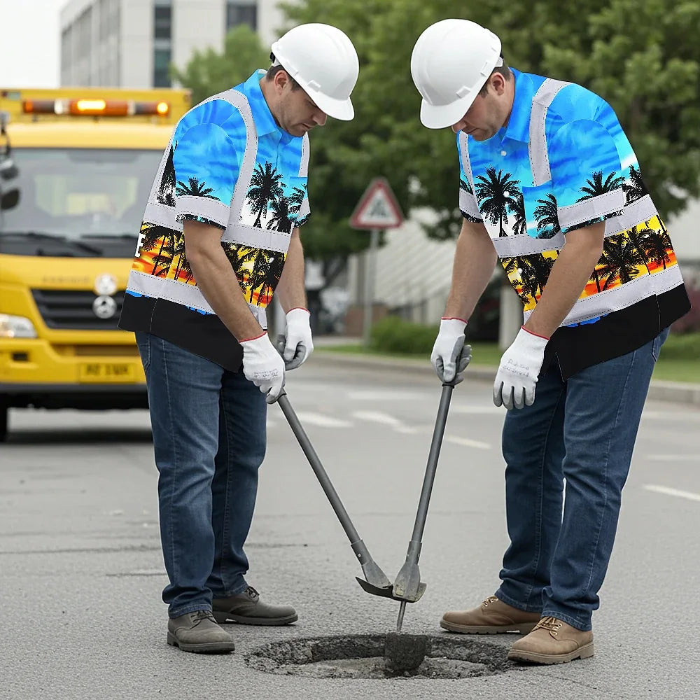 Hi Vis Hawaiian Shirt Reflective Tapes Light Blue Coconut Tree Custom Name Safety Workwear For Workers, Truckers, Operators