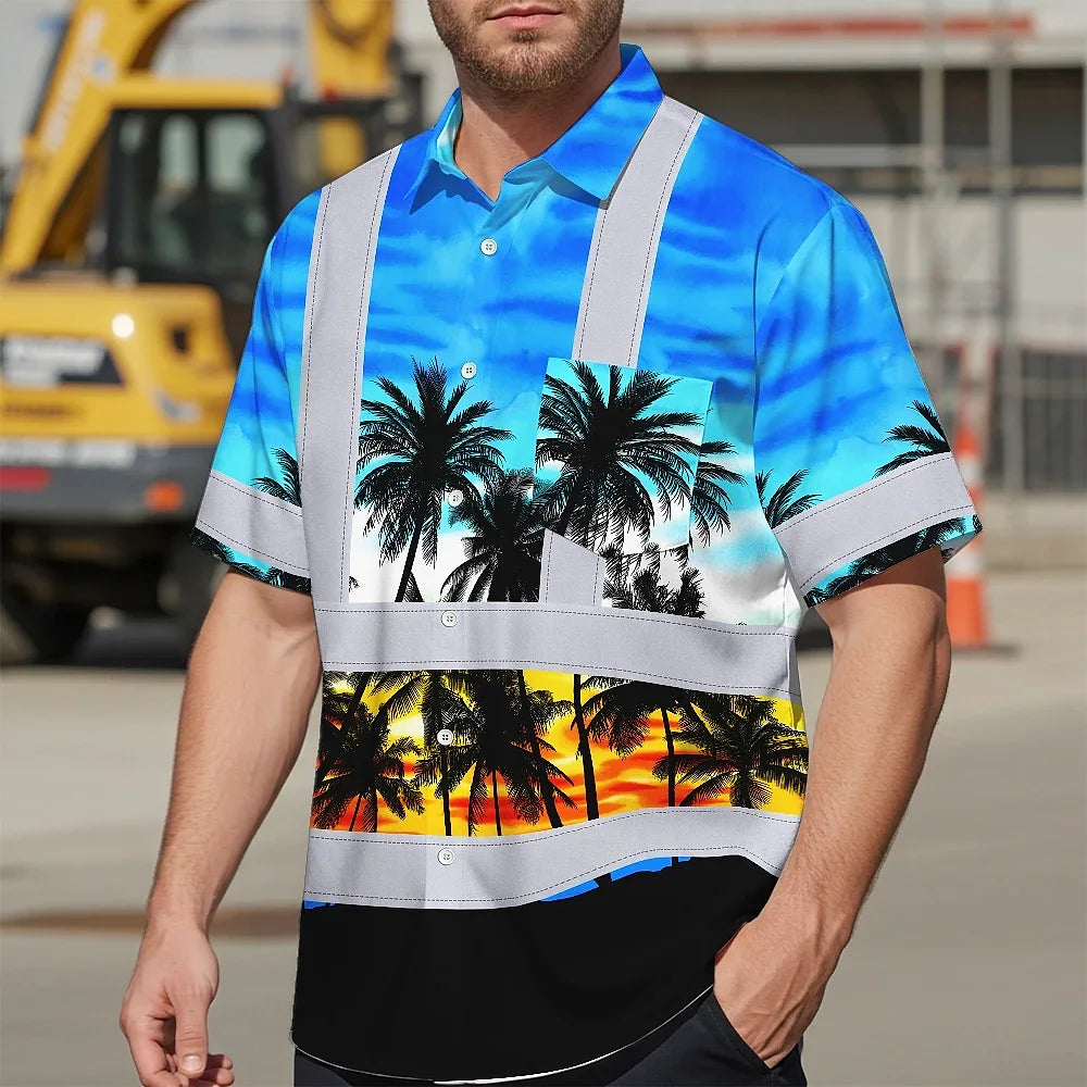 Hi Vis Hawaiian Shirt Reflective Tapes Light Blue Coconut Tree Custom Name Safety Workwear For Workers, Truckers, Operators