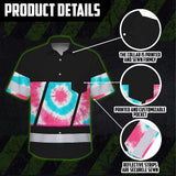 Hi Vis Hawaiian Shirt Reflective Tapes Light Blue Pink Tie Dye Custom Name Safety Workwear For Workers, Runners, Cyclists