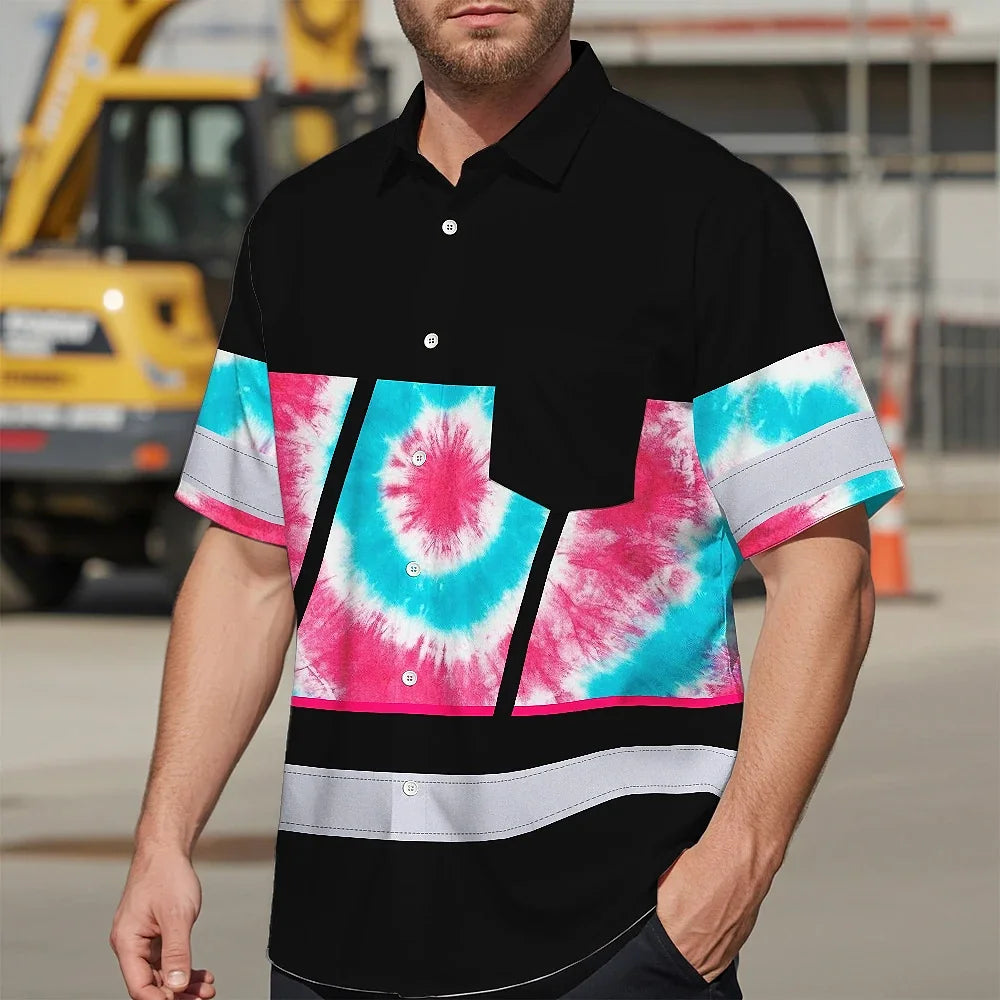 Hi Vis Hawaiian Shirt Reflective Tapes Light Blue Pink Tie Dye Custom Name Safety Workwear For Workers, Runners, Cyclists