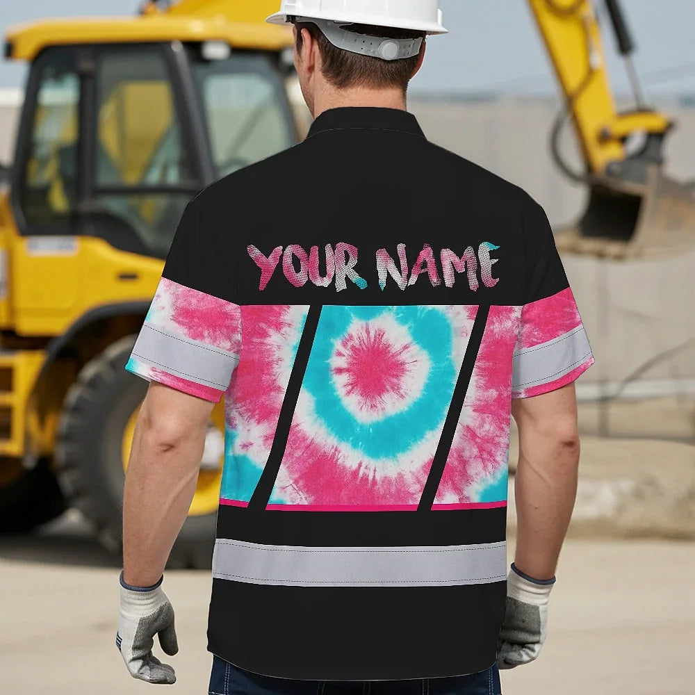 Hi Vis Hawaiian Shirt Reflective Tapes Light Blue Pink Tie Dye Custom Name Safety Workwear For Workers, Runners, Cyclists