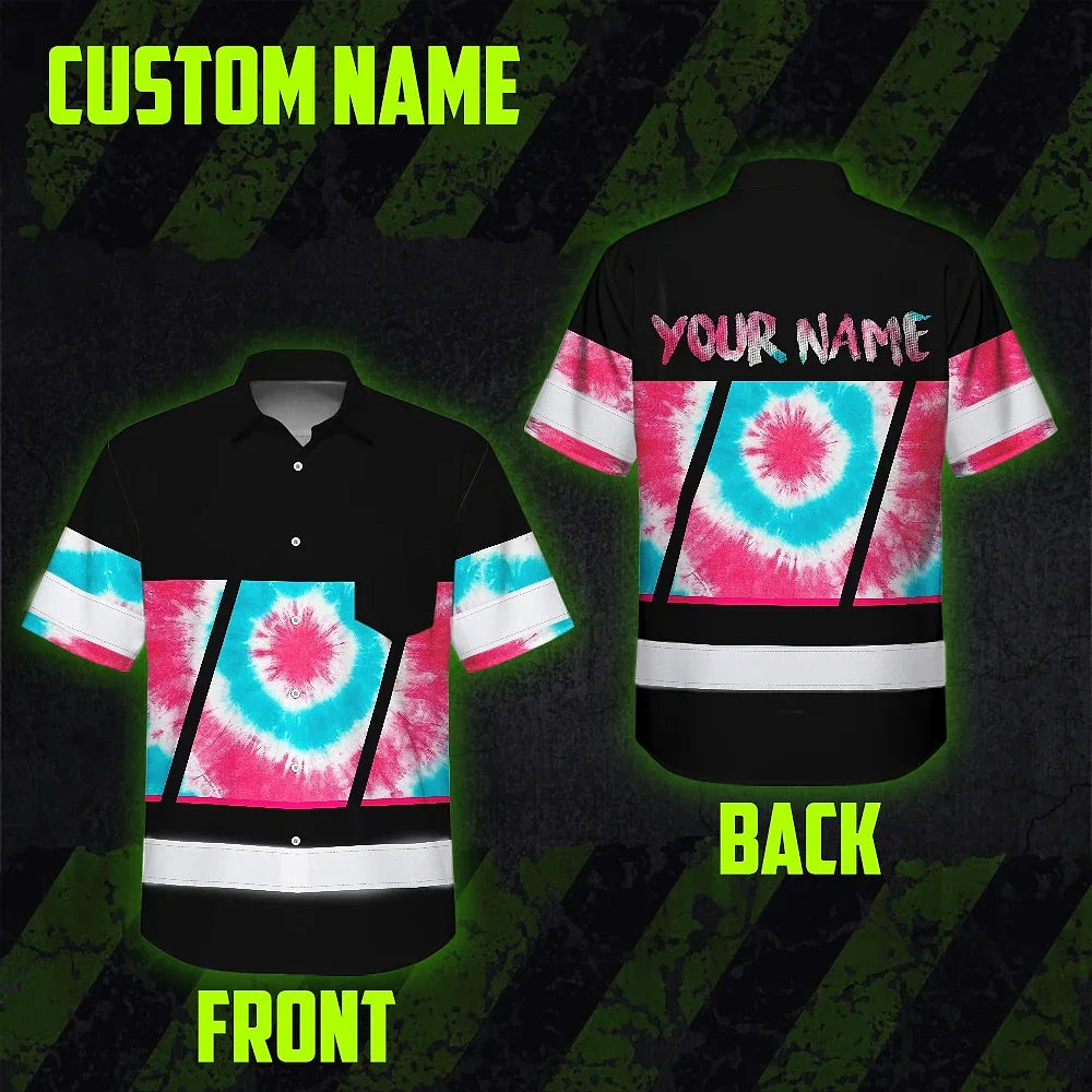 Hi Vis Hawaiian Shirt Reflective Tapes Light Blue Pink Tie Dye Custom Name Safety Workwear For Workers, Runners, Cyclists