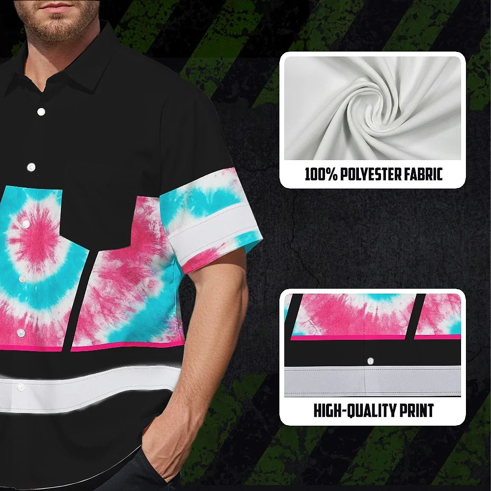 Hi Vis Hawaiian Shirt Reflective Tapes Light Blue Pink Tie Dye Custom Name Safety Workwear For Workers, Runners, Cyclists