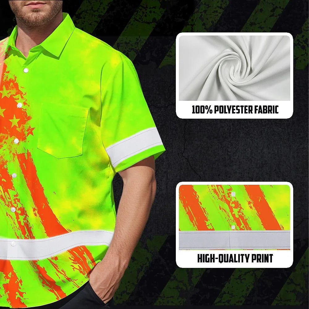 Hi Vis Hawaiian Shirt Reflective Tapes Lime Neon And Orange US Flag Custom Name
