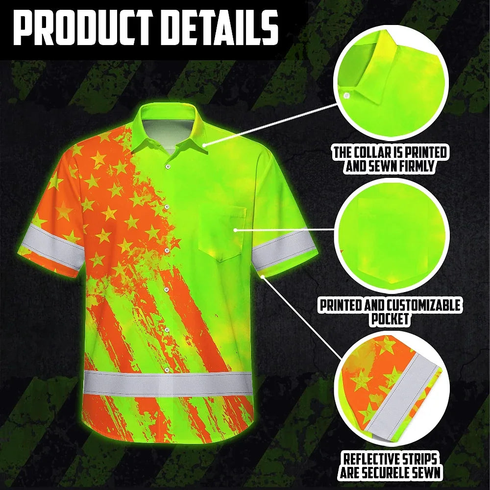 Hi Vis Hawaiian Shirt Reflective Tapes Lime Neon And Orange US Flag Custom Name