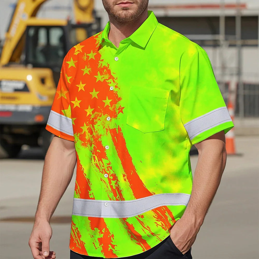 Hi Vis Hawaiian Shirt Reflective Tapes Lime Neon And Orange US Flag Custom Name