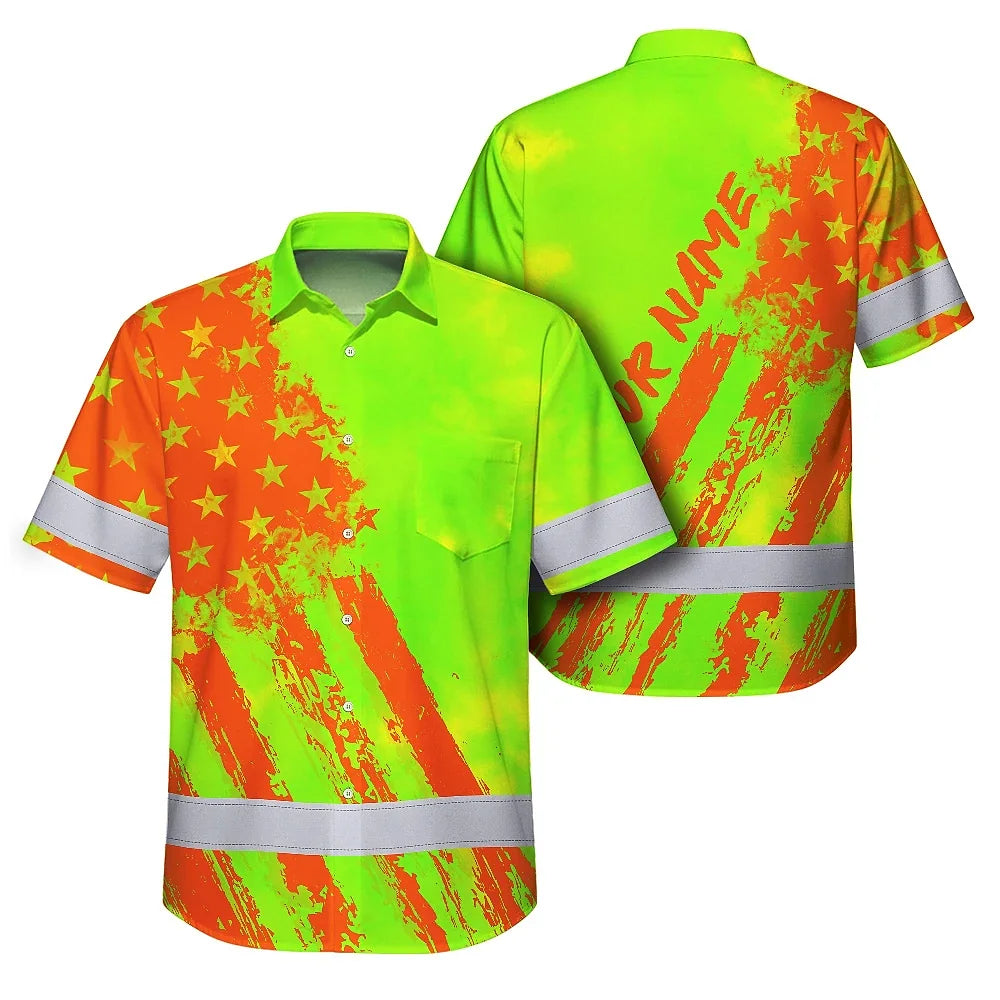 Hi Vis Hawaiian Shirt Reflective Tapes Lime Neon And Orange US Flag Custom Name