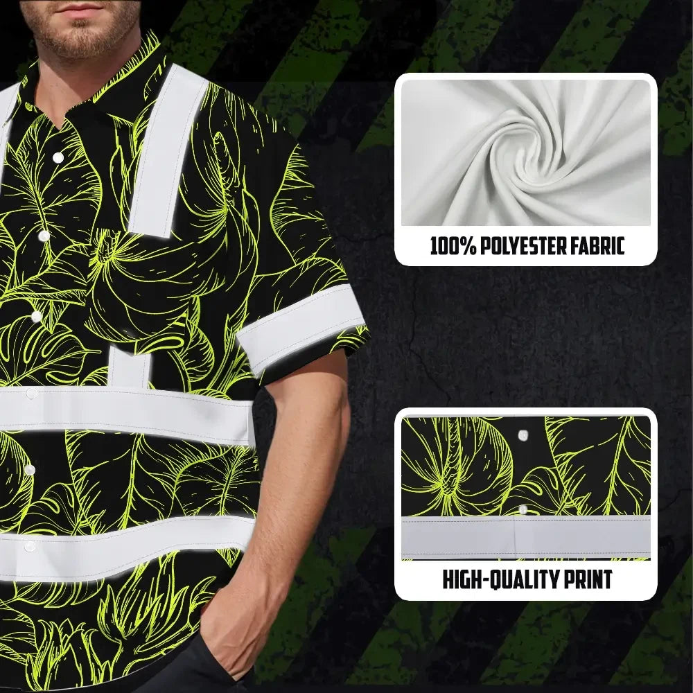 Choose Pack Hi Vis Hawaiian Shirt Reflective Tapes Lime Neon Flowers Custom Name Safety Workwear For Workers, Truckers, Operators