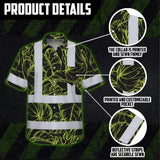 Hi Vis Hawaiian Shirt Reflective Tapes Lime Neon Flowers Custom Name Safety Workwear For Workers, Truckers, Operators