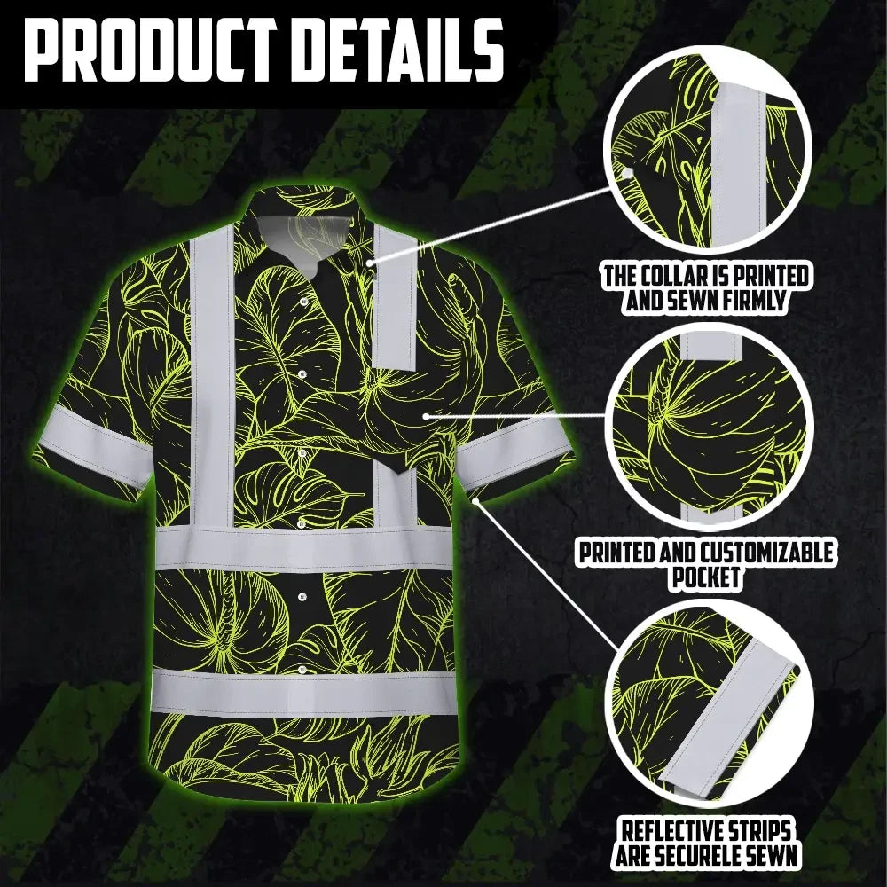 Hi Vis Hawaiian Shirt Reflective Tapes Lime Neon Flowers Custom Name Safety Workwear For Workers, Truckers, Operators