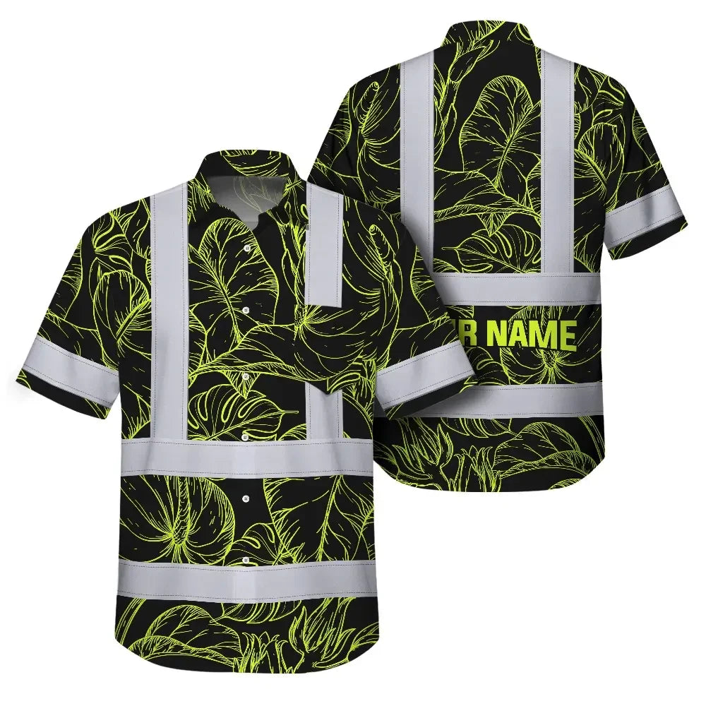 Choose Pack Hi Vis Hawaiian Shirt Reflective Tapes Lime Neon Flowers Custom Name Safety Workwear For Workers, Truckers, Operators