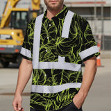 Hi Vis Hawaiian Shirt Reflective Tapes Lime Neon Flowers Custom Name Safety Workwear For Workers, Truckers, Operators
