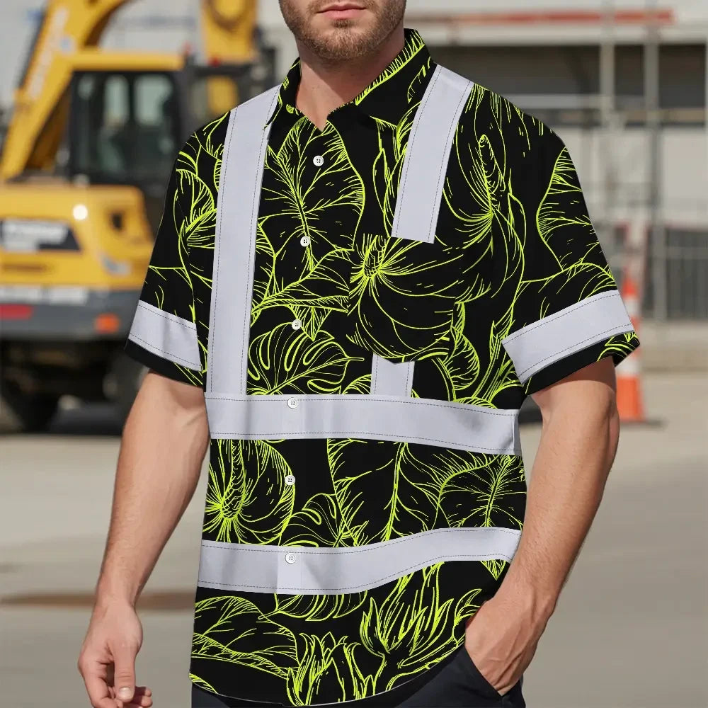 Choose Pack Hi Vis Hawaiian Shirt Reflective Tapes Lime Neon Flowers Custom Name Safety Workwear For Workers, Truckers, Operators