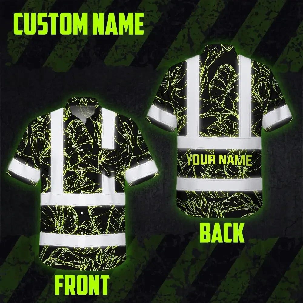 Choose Pack Hi Vis Hawaiian Shirt Reflective Tapes Lime Neon Flowers Custom Name Safety Workwear For Workers, Truckers, Operators