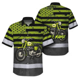 Hi Vis Hawaiian Shirt Reflective Tapes Lime Neon Motobike US Flag Custom Name Safety Workwear For Workers, Truckers, Operators