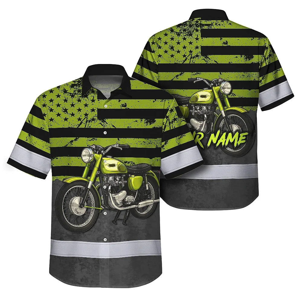 Hi Vis Hawaiian Shirt Reflective Tapes Lime Neon Motobike US Flag Custom Name Safety Workwear For Workers, Truckers, Operators