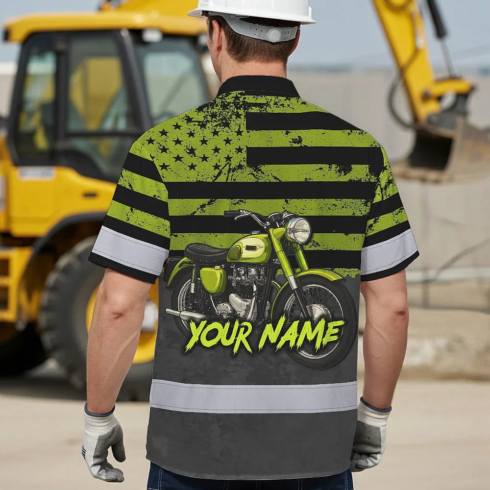 Hi Vis Hawaiian Shirt Reflective Tapes Lime Neon Motobike US Flag Custom Name Safety Workwear For Workers, Truckers, Operators