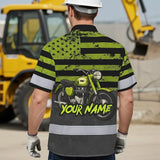 Hi Vis Hawaiian Shirt Reflective Tapes Lime Neon Motobike US Flag Custom Name Safety Workwear For Workers, Truckers, Operators