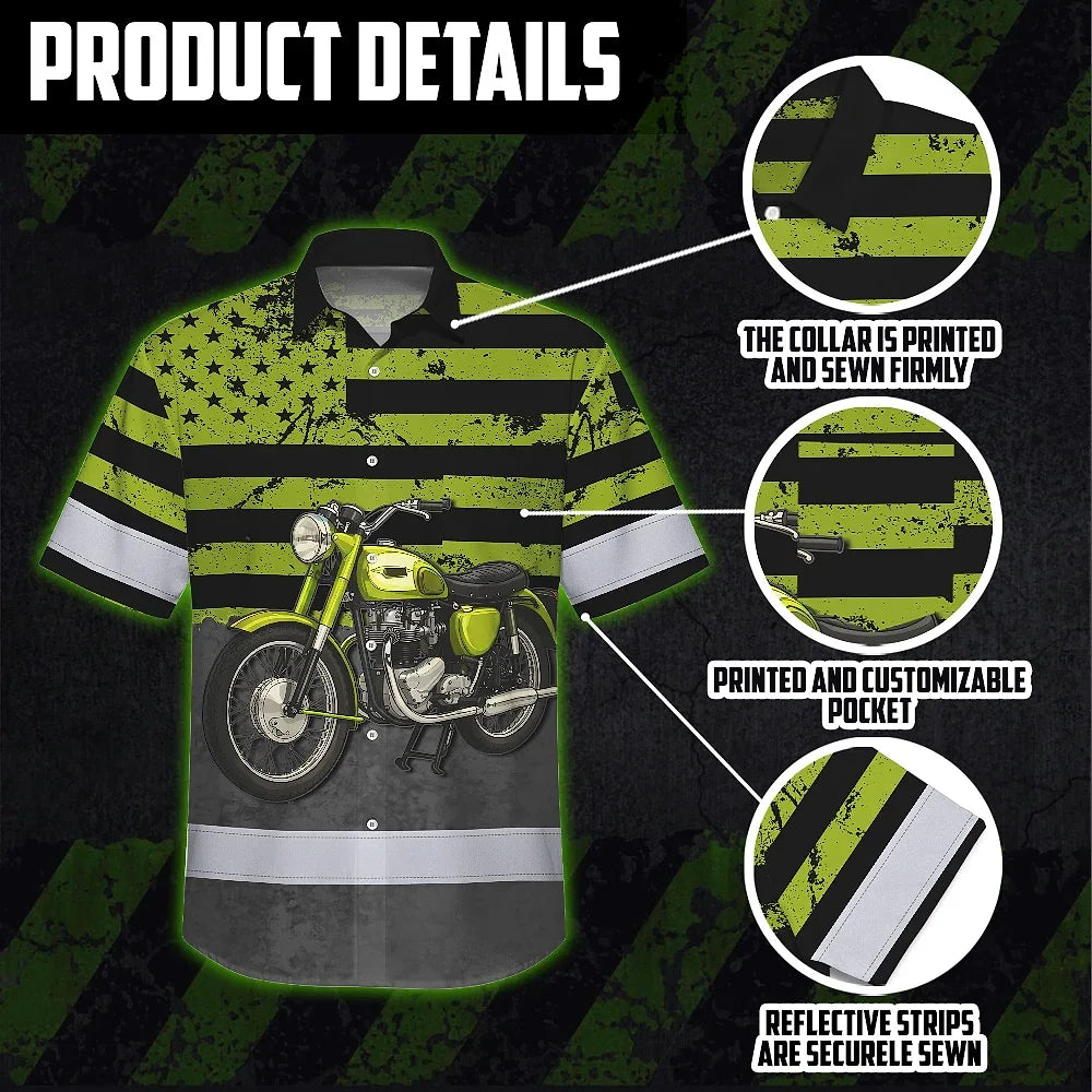 Hi Vis Hawaiian Shirt Reflective Tapes Lime Neon Motobike US Flag Custom Name Safety Workwear For Workers, Truckers, Operators