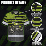 Hi Vis Hawaiian Shirt Reflective Tapes Lime Neon Motobike US Flag Custom Name Safety Workwear For Workers, Truckers, Operators