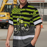 Hi Vis Hawaiian Shirt Reflective Tapes Lime Neon Motobike US Flag Custom Name Safety Workwear For Workers, Truckers, Operators