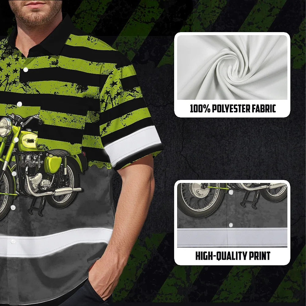 Hi Vis Hawaiian Shirt Reflective Tapes Lime Neon Motobike US Flag Custom Name Safety Workwear For Workers, Truckers, Operators