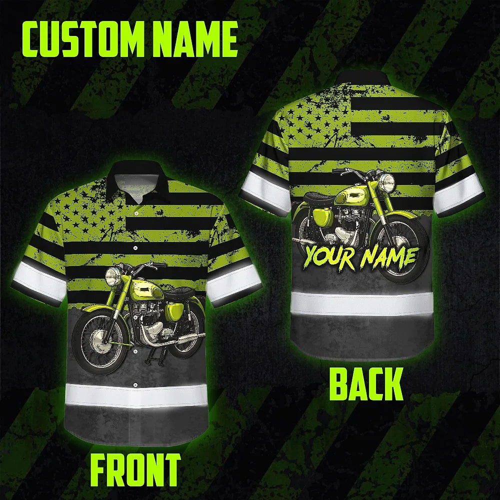 Hi Vis Hawaiian Shirt Reflective Tapes Lime Neon Motobike US Flag Custom Name Safety Workwear For Workers, Truckers, Operators