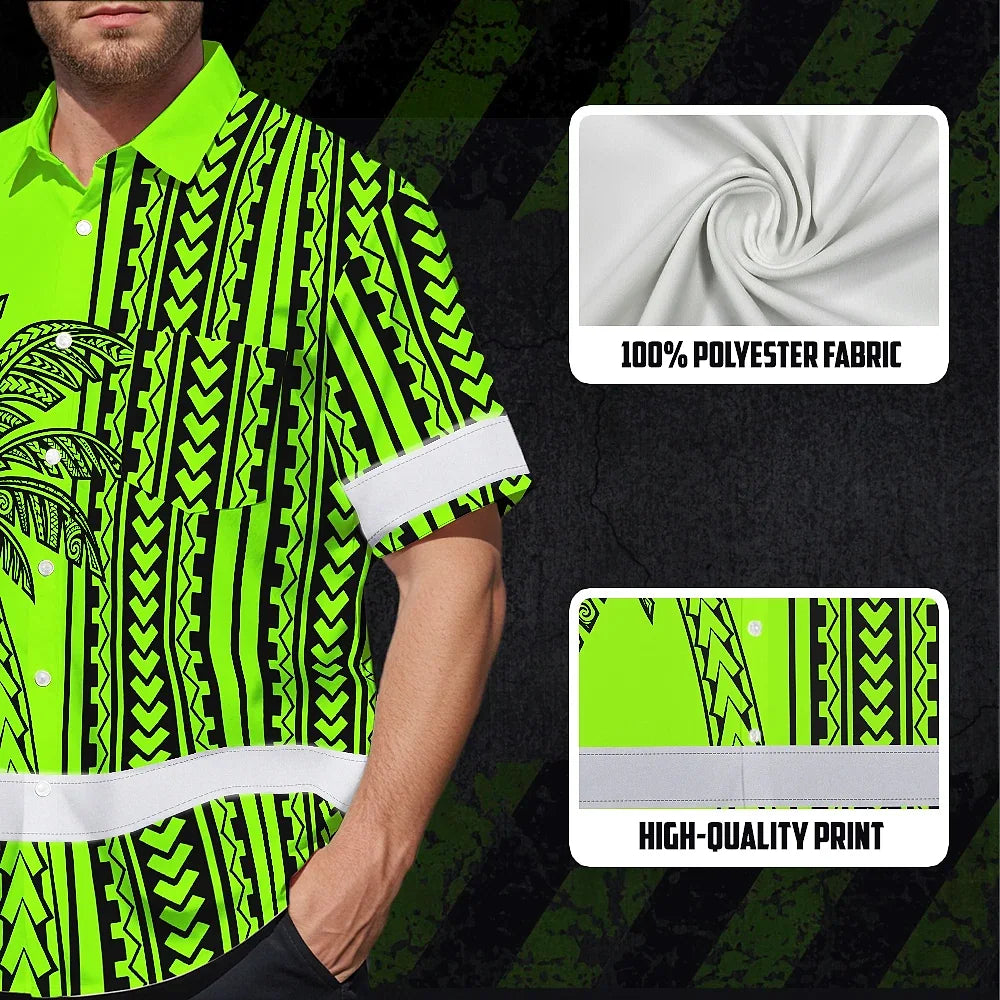 Hi Vis Hawaiian Shirt Reflective Tapes Lime Neon Polynesian And Tree Custom Name Safety Workwear For Workers, Truckers, Operators