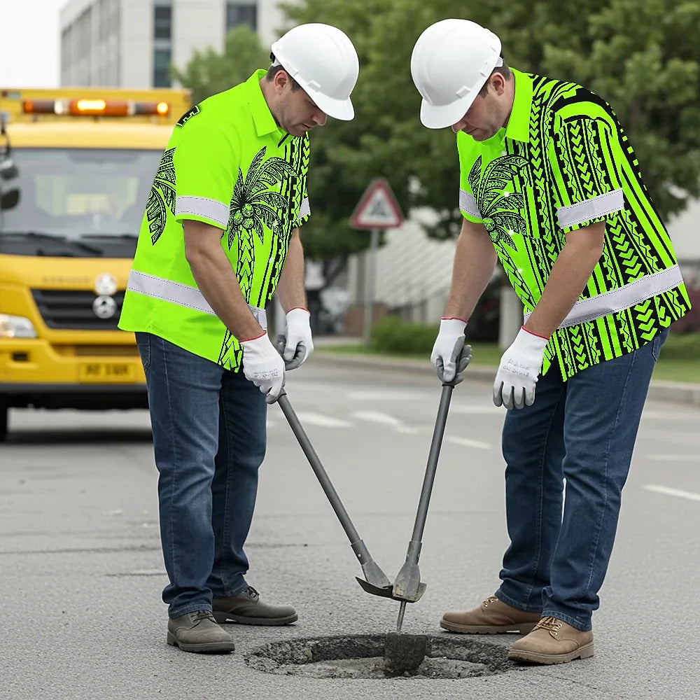 Hi Vis Hawaiian Shirt Reflective Tapes Lime Neon Polynesian And Tree Custom Name Safety Workwear For Workers, Truckers, Operators