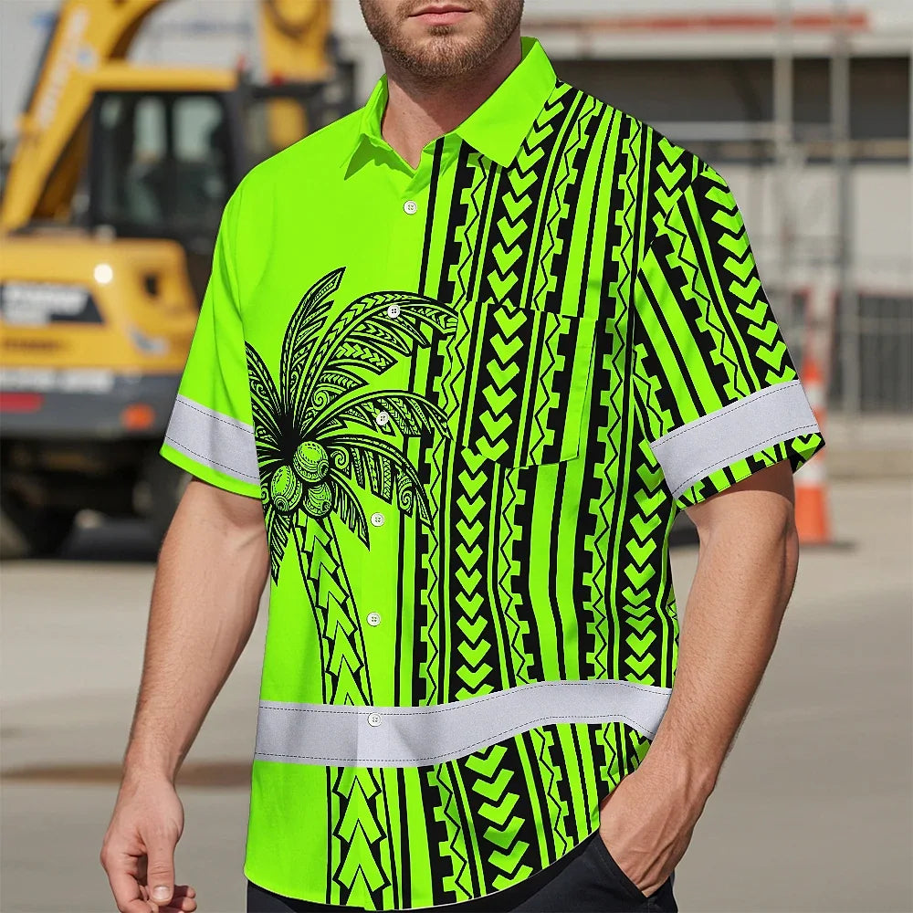Hi Vis Hawaiian Shirt Reflective Tapes Lime Neon Polynesian And Tree Custom Name Safety Workwear For Workers, Truckers, Operators