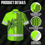 Hi Vis Hawaiian Shirt Reflective Tapes Lime Neon Polynesian And Tree Custom Name Safety Workwear For Workers, Truckers, Operators