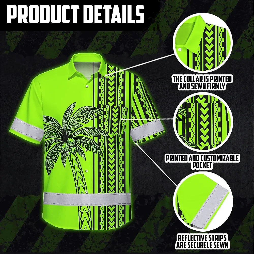 Hi Vis Hawaiian Shirt Reflective Tapes Lime Neon Polynesian And Tree Custom Name Safety Workwear For Workers, Truckers, Operators