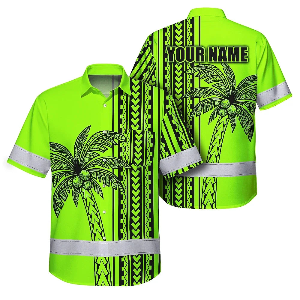 Hi Vis Hawaiian Shirt Reflective Tapes Lime Neon Polynesian And Tree Custom Name Safety Workwear For Workers, Truckers, Operators